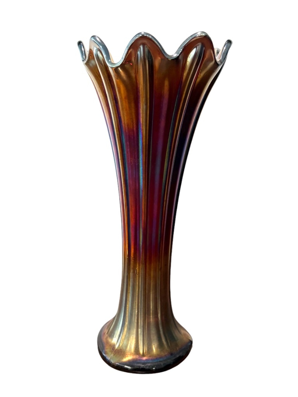 Antique Northwood Thin Rib Amethyst Carnival Glass Swung Vase Signed N 10.5"